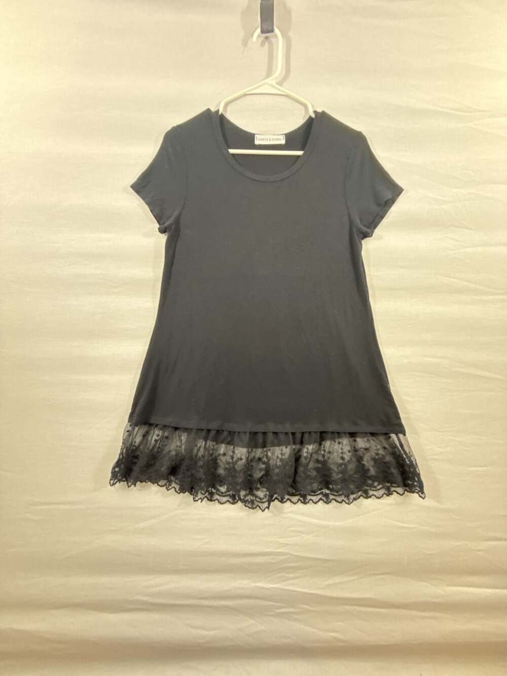 Chris & Carol Black Short Sleeve T-Shirt Top with Lace Hem Trim